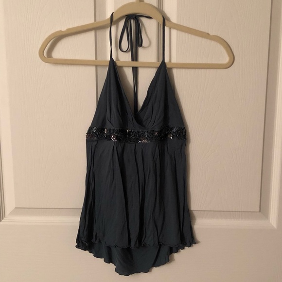 Forever 21 Tops - Forever 21 Blue Beaded Halter Tank Top